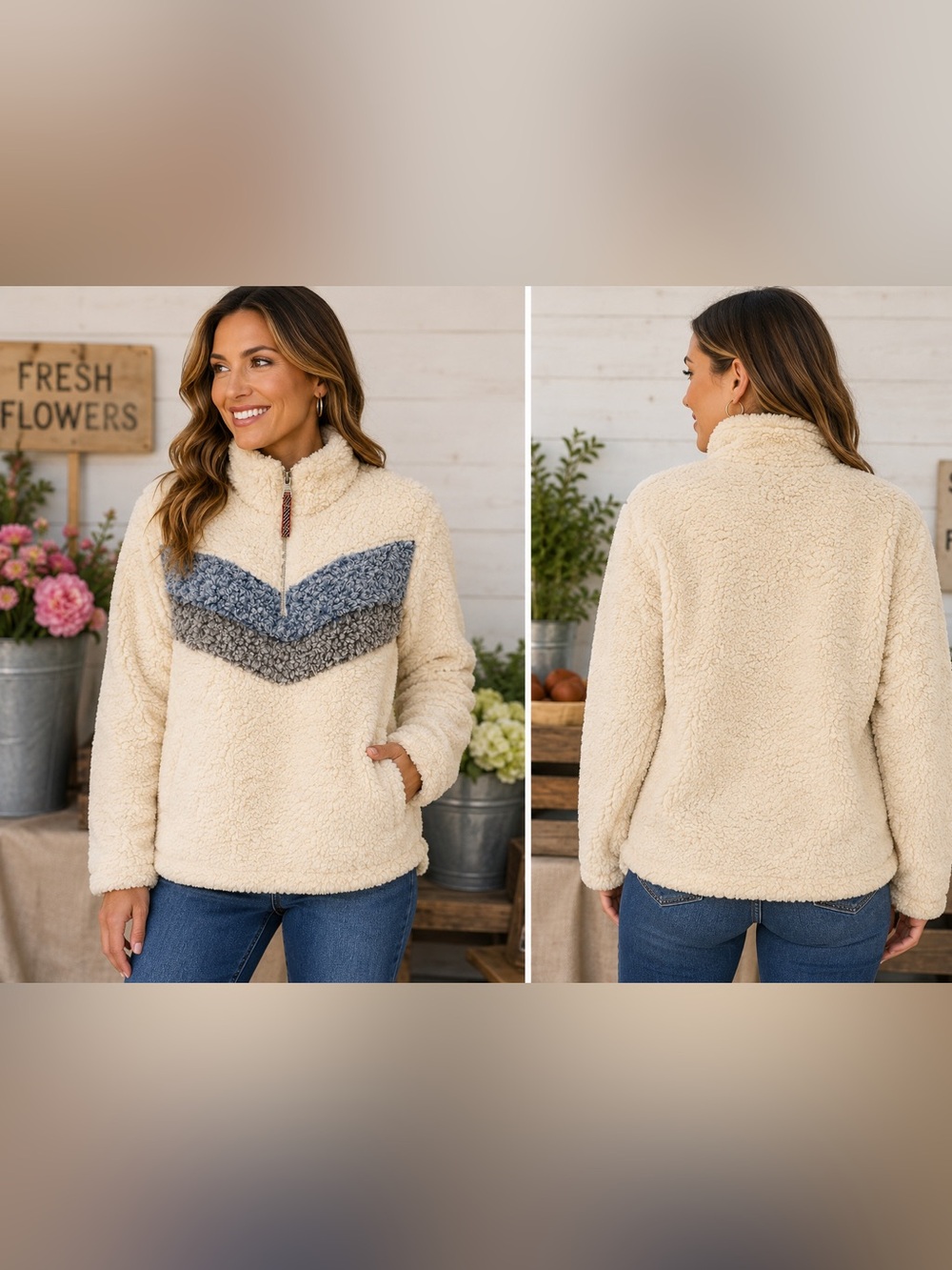 Weatherproof Vintage Sherpa Pullover Quarter Zip Fleece Cream Chevron Size M
